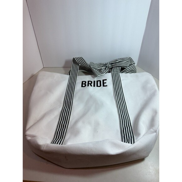 Bride Canvas Tote Bag White Black Striped Bow Handles Wedding Gift Preowned - Picture 2 of 8